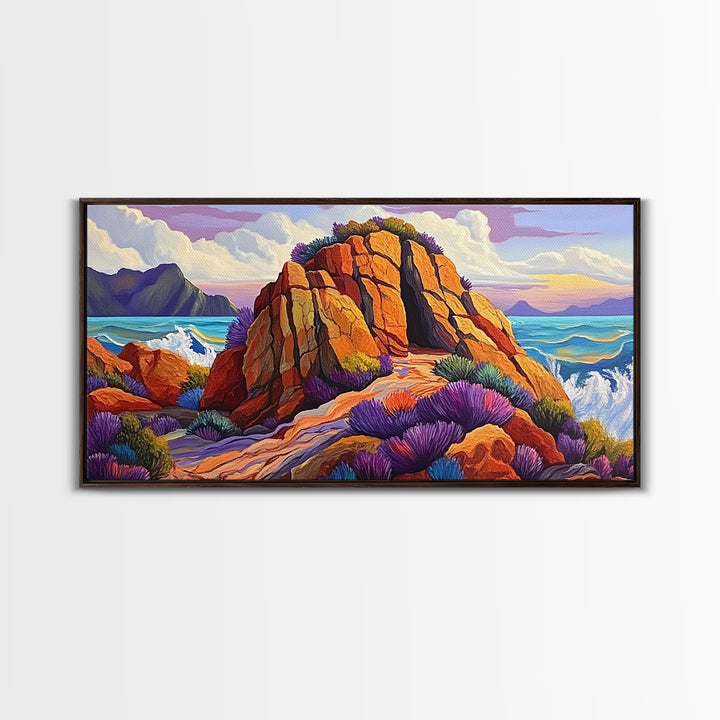 Ocean Cave, Rocky Coast, Lavender Brush, Framed Canvas Print, Bold Nature Wall Art, Vibrant Bedroom or Study Coastal Decor