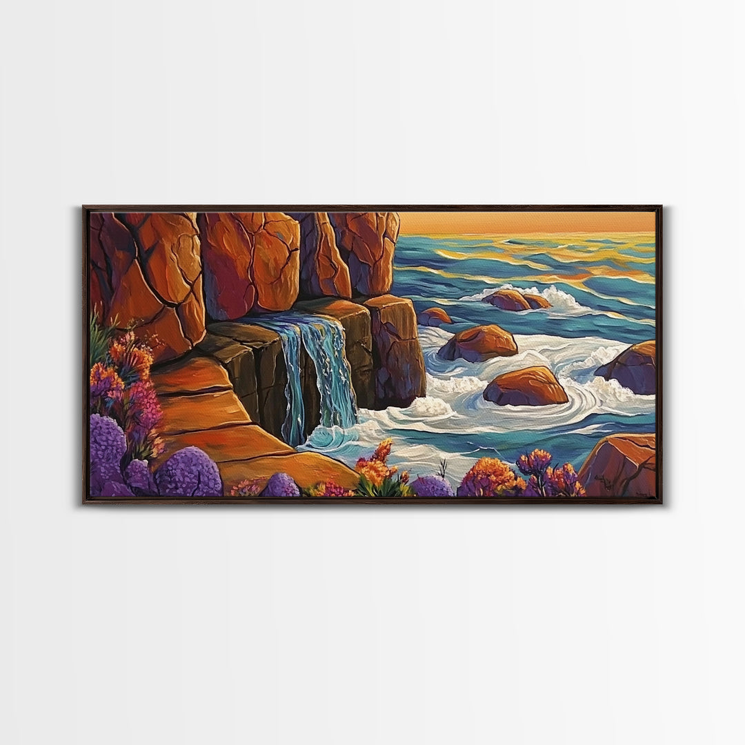 Cliffside Waterfall, Ocean Swirls, Sunset Tide, Framed Canvas Print, Nature Landscape Wall Art, Bold Boho Living Room Decor