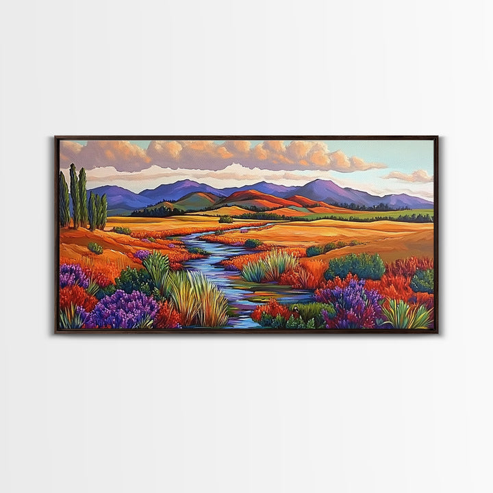 Autumn River, Golden Fields, Mountain View, Canvas Print, Fall Landscape Wall Art, Rustic Living Room Art, Seasonal Entryway Decor