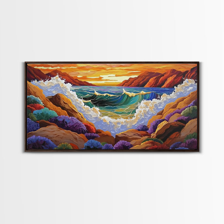 Wave Crash, Sunset Coast, Rocky Horizon, Canvas Print, Dramatic Seascape Wall Art, Ocean Inspired Living Room Art, Study Decor