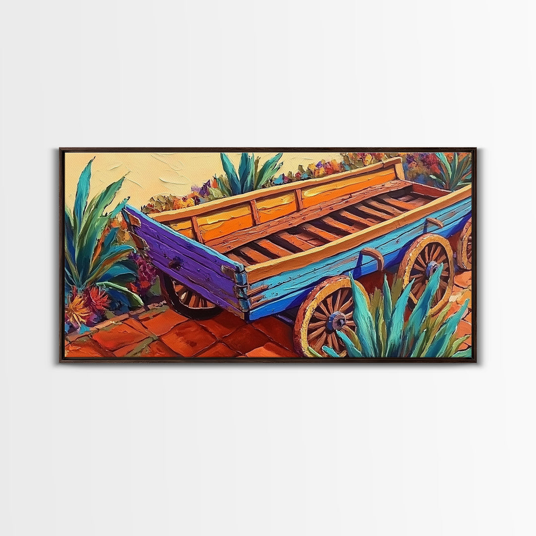 Painted Wagon, Rustic Charm, Color Pop, Framed Canvas Print, Western Farmhouse Wall Art, Vibrant Kitchen Print, Entryway Decor