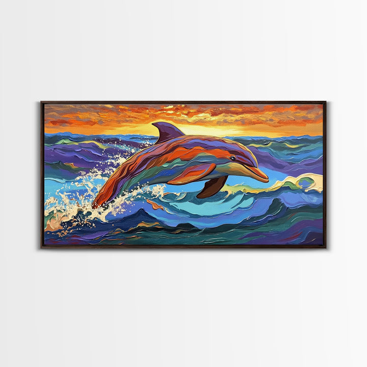 Dolphin Ocean, Sunset, Vibrant, Jumping Dolphin Canvas Print, Beach House Wall Art, Vibrant Ocean Scene, Kids Room Decor, Summer Art