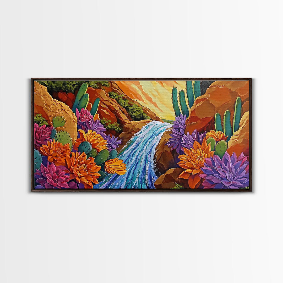 Cactus Canyon, Flowers, Waterfall, Framed Canvas Print Bright desert wall art, boho botanical painting, vibrant hallway home decor