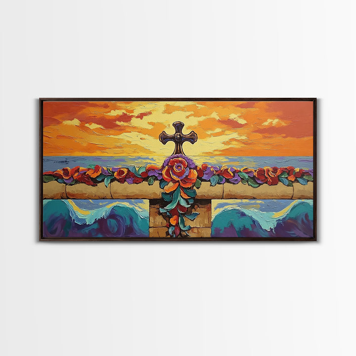 Cross Sunset, Flowers, Spiritual, Coastal Cross Sunset Framed Canvas Print, Christian Wall Art, Floral Beach Decor, Living Room Art