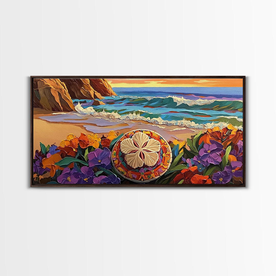 Ocean Beach, Flower, Sand Dollar, Coastal Beach Scene Framed Canvas Print, Bathroom Wall Art, Tropical Seaside Decor, Coastal Painting