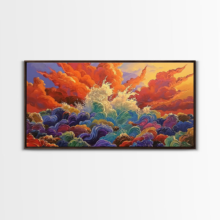 Waves Sunset, Abstract, Framed Canvas Print, Bold Ocean Explosion Art, Colorful Modern Wall Decor, Coastal Vibe Art Piece