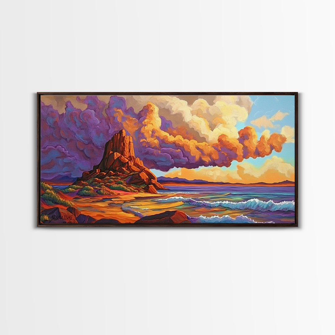 Sunset Clouds, Ocean, Cliffs, Framed Canvas Print, dramatic seascape art, Southwestern home decor, moody living room wall art