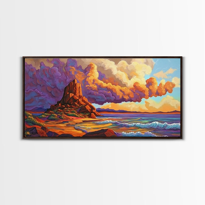 Sunset Clouds, Ocean, Cliffs, Framed Canvas Print, dramatic seascape art, Southwestern home decor, moody living room wall art