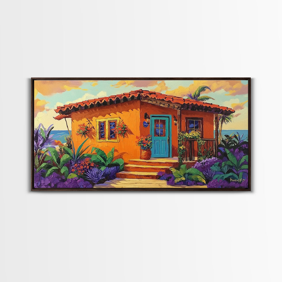 Casita Tropical, Sunset, Garden, Framed Canvas Print, Mexican villa painting, rustic kitchen decor, vibrant coastal house wall art