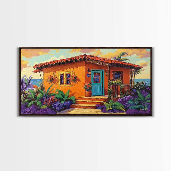 Casita Tropical, Sunset, Garden, Framed Canvas Print, Mexican villa painting, rustic kitchen decor, vibrant coastal house wall art
