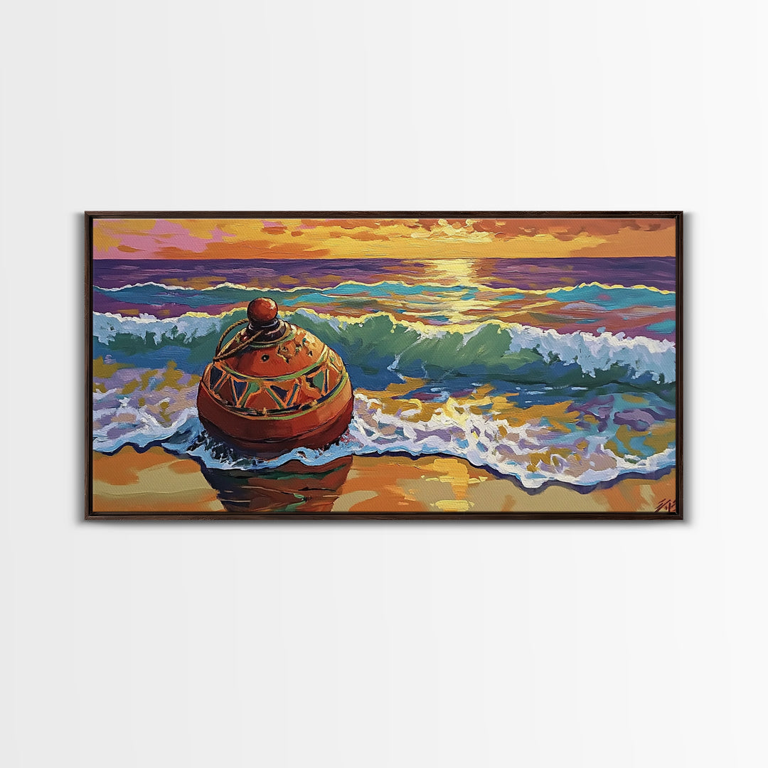 Buoy Shoreline, Sunset, Surf, Sunset Ocean Buoy Canvas Print, Coastal Wall Art, Nautical Theme Living Room, Bold Beach House Fall Decor