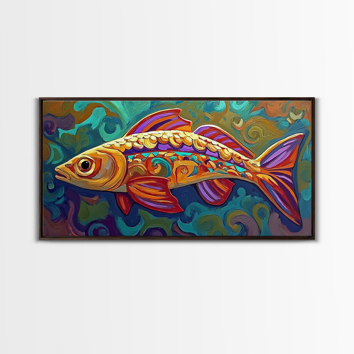 Colorful Fish, Wall, Art, Framed Canvas Print, Boho ocean wall decor, coastal bathroom wall art, whimsical undersea painting kitchen