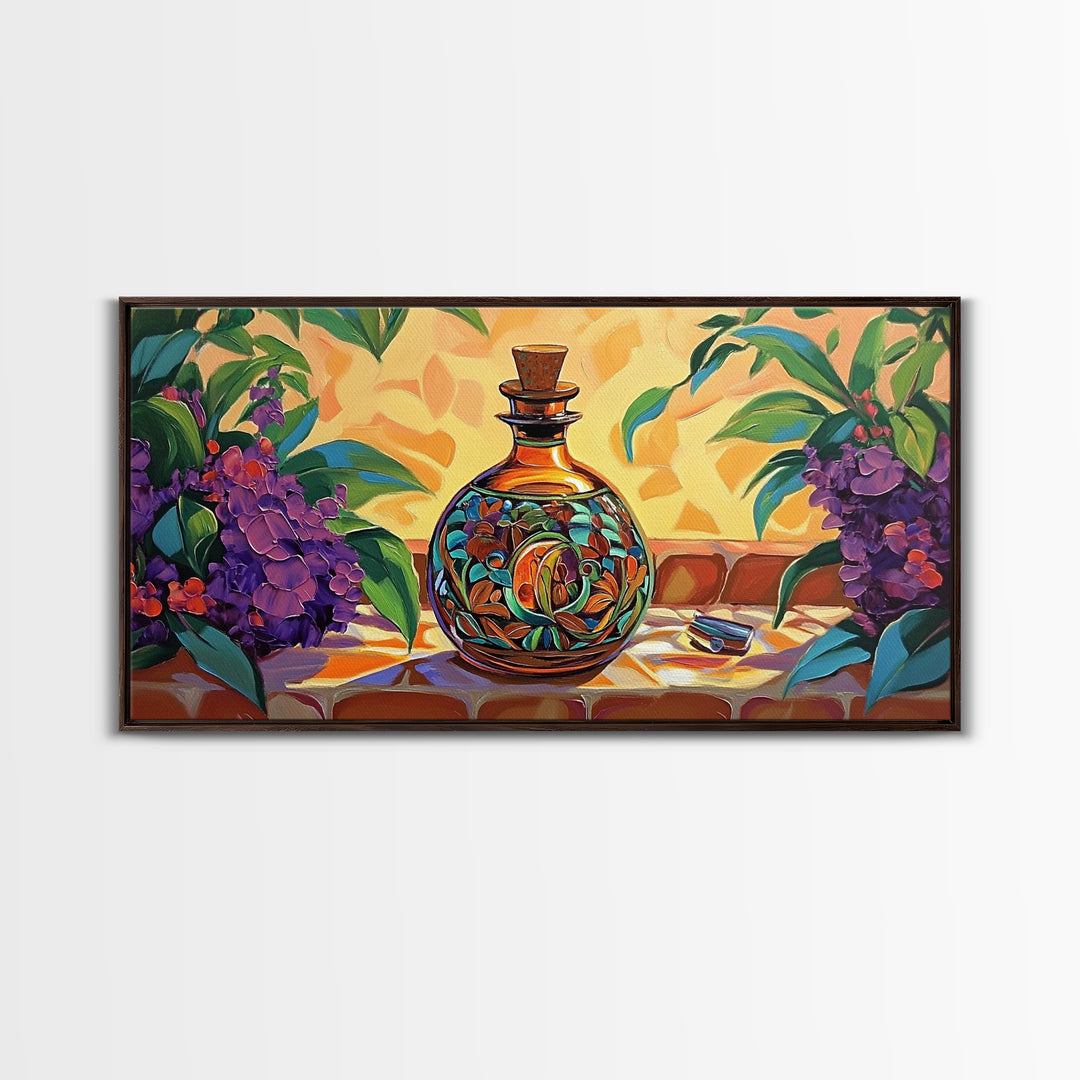 Tequila Bottle, Floral, Decor, Framed Canvas Print, Mexican kitchen wall art, vibrant bottle painting, fiesta bar wall boho artwork