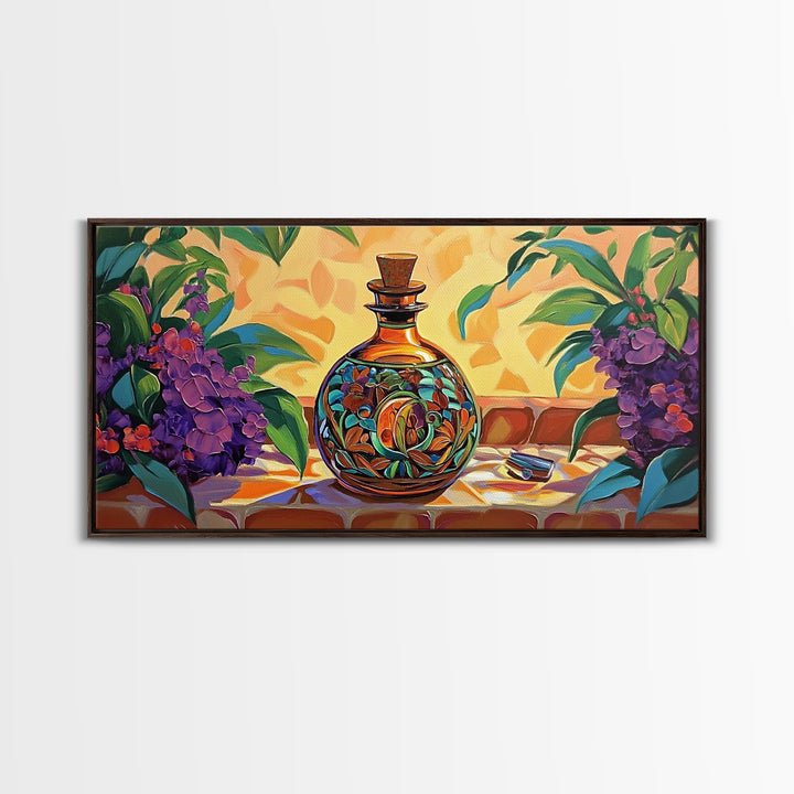 Tequila Bottle, Floral, Decor, Framed Canvas Print, Mexican kitchen wall art, vibrant bottle painting, fiesta bar wall boho artwork
