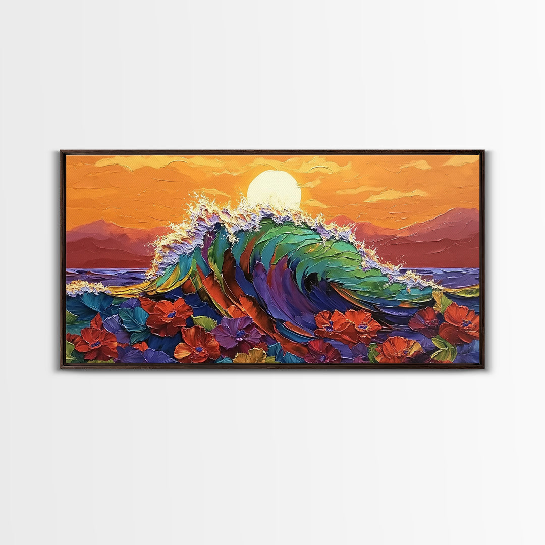 Sunset Wave, Floral, Ocean, Canvas Print, Tropical beach flower art, vibrant ocean wave decor, living room painting, sunset seascape