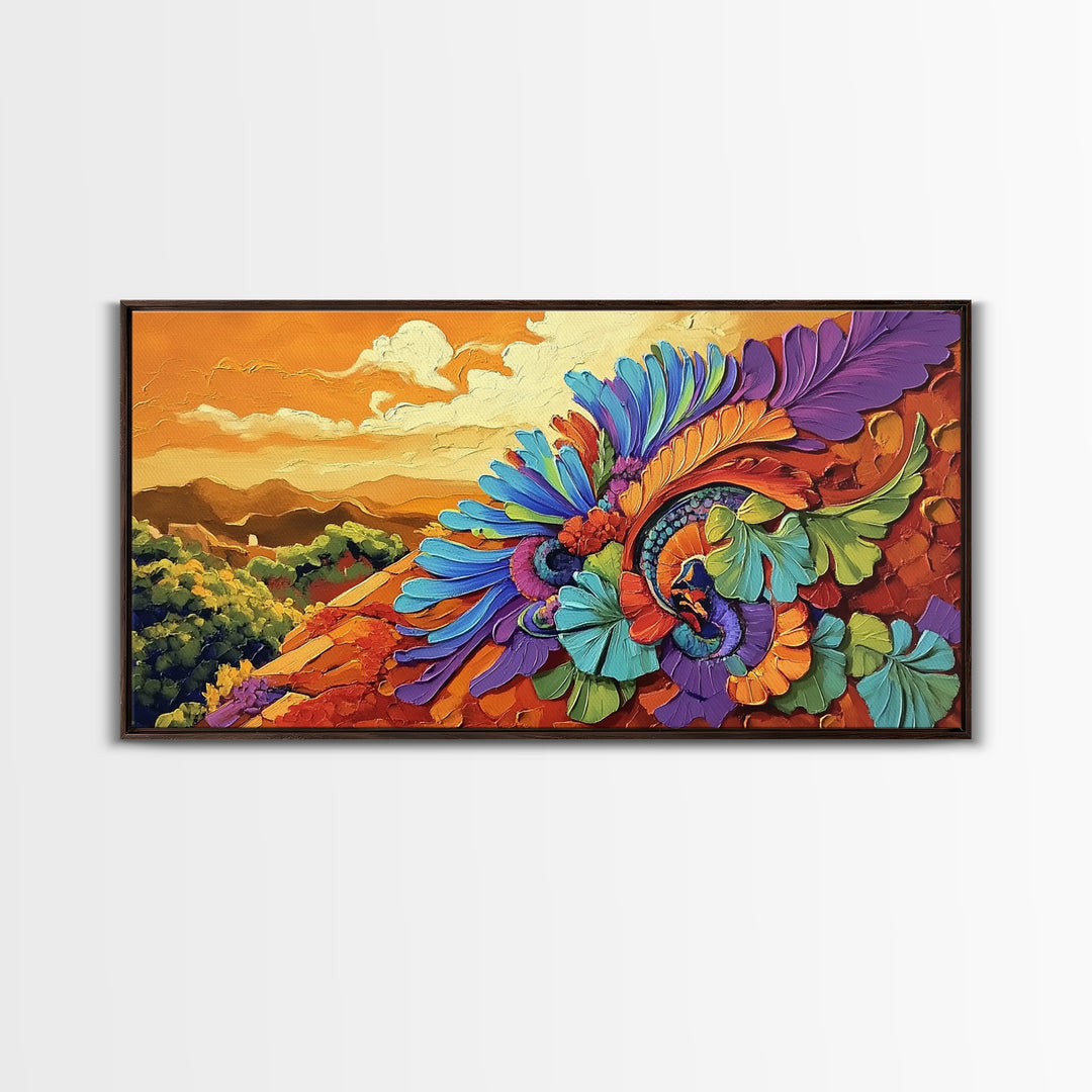 Colorful Feather, Design, Sunset, Framed Canvas Print, southwest wall art, abstract boho style, living room wall art, desert tones