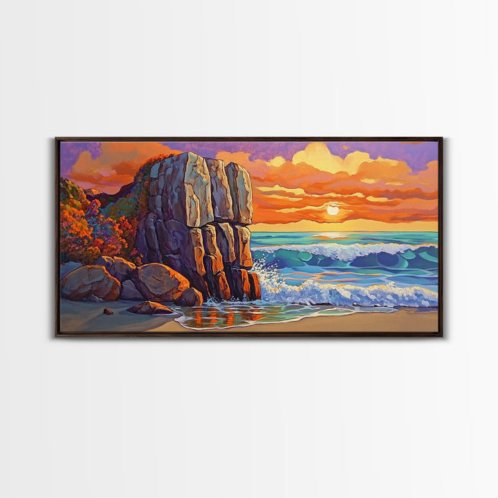 Rock Ocean, Sunset, Waves, Framed Canvas Print, coastal wall decor, bold shoreline art, living room beach style, nature theme