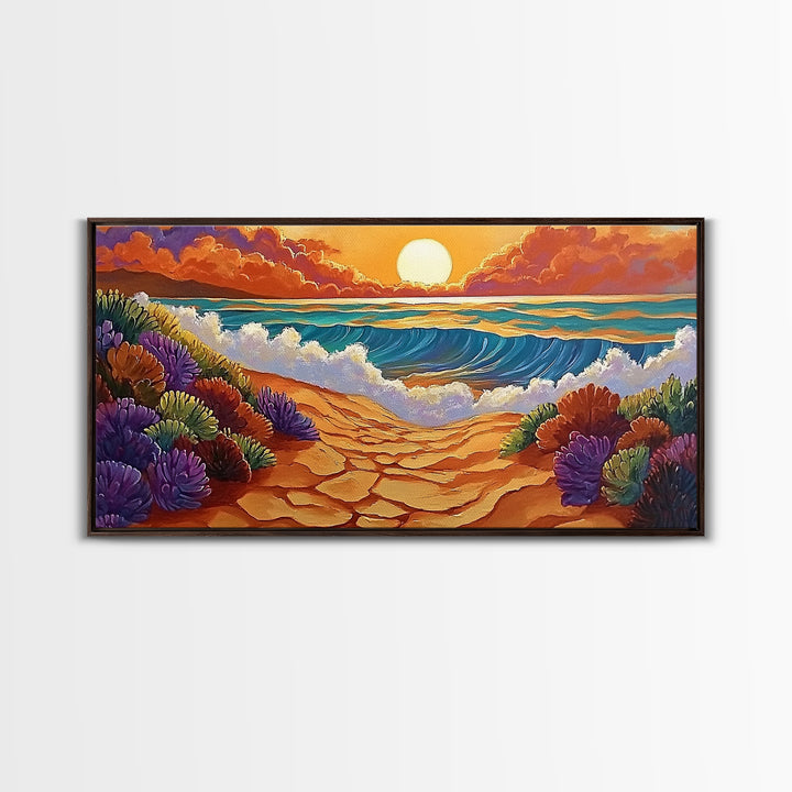 Beach Ocean, Sunrise, Coastal Path, Framed Canvas Print, Vibrant Seaside Art, Bathroom Wall Decor, Nature Landscape, Colorful Waves