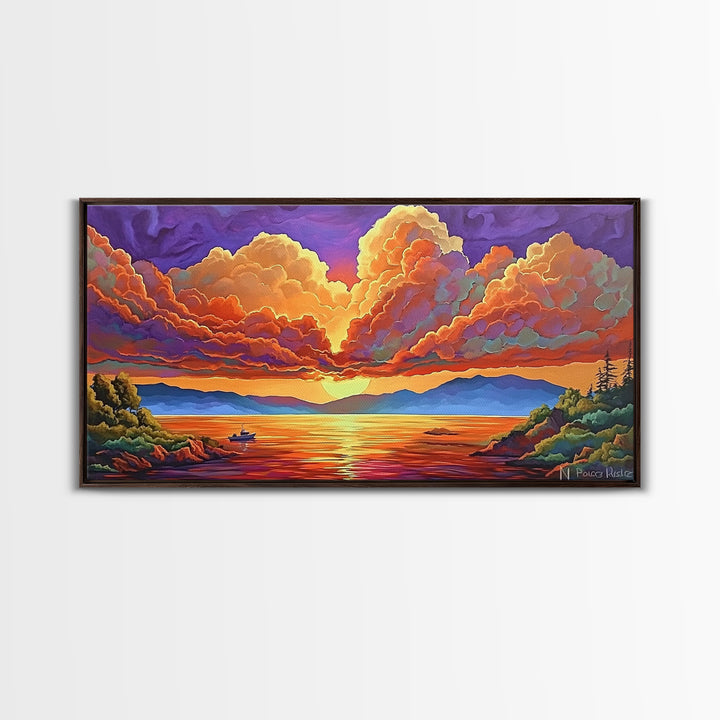 Boat Lake, Dramatic Sky, Sunset Clouds, Framed Canvas Print, Fall Landscape Art, Office Wall Decor, Vibrant Nature Scene, Moody Colors