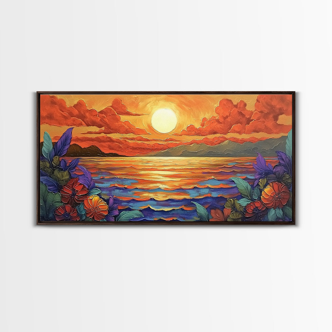 Flowers Sunset, Ocean View, Coastal Bloom, Framed Canvas Print, Vibrant Nature Art, Kitchen Wall Decor, Beach Garden Scene, Bold Colors