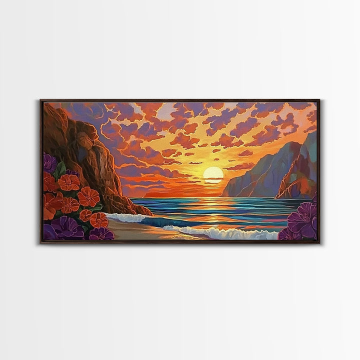 Beach Cliffs, Sunset, Vibrant Sky, Framed Canvas Print, Boho Coastal Art, Bedroom Wall Decor, Ocean View Painting, Tropical Landscape