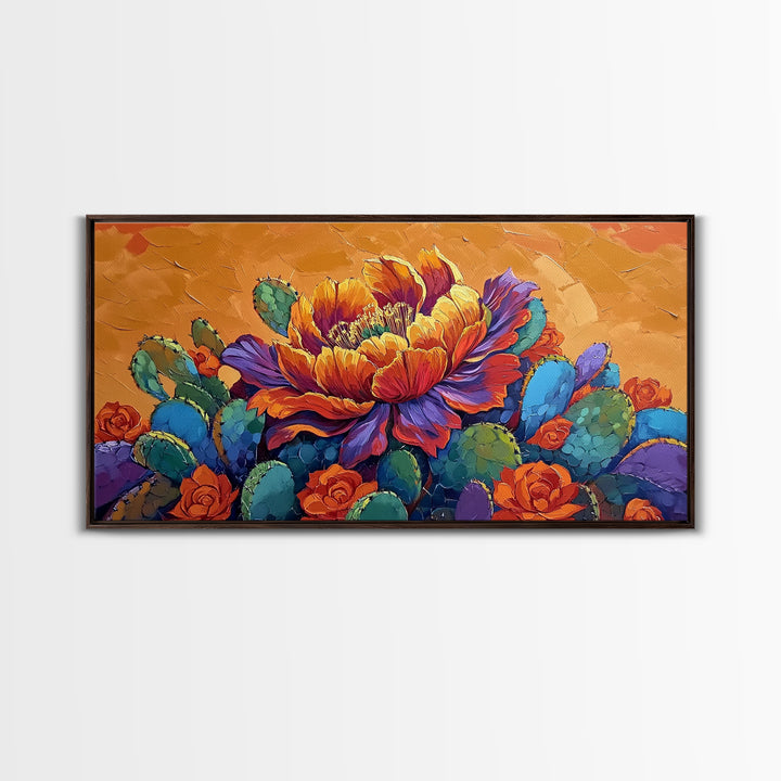 Cactus Bloom, Bold, Flowers, Blooming Cactus Flower Framed Canvas Print, Colorful Botanical Wall Art, Kitchen Boho Decor, Desert Art