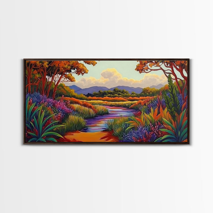 River Wildflowers, Autumn Trees, Mountain View, Framed Canvas Print, Fall Nature Art, Kitchen Wall Decor, Boho Landscape Painting