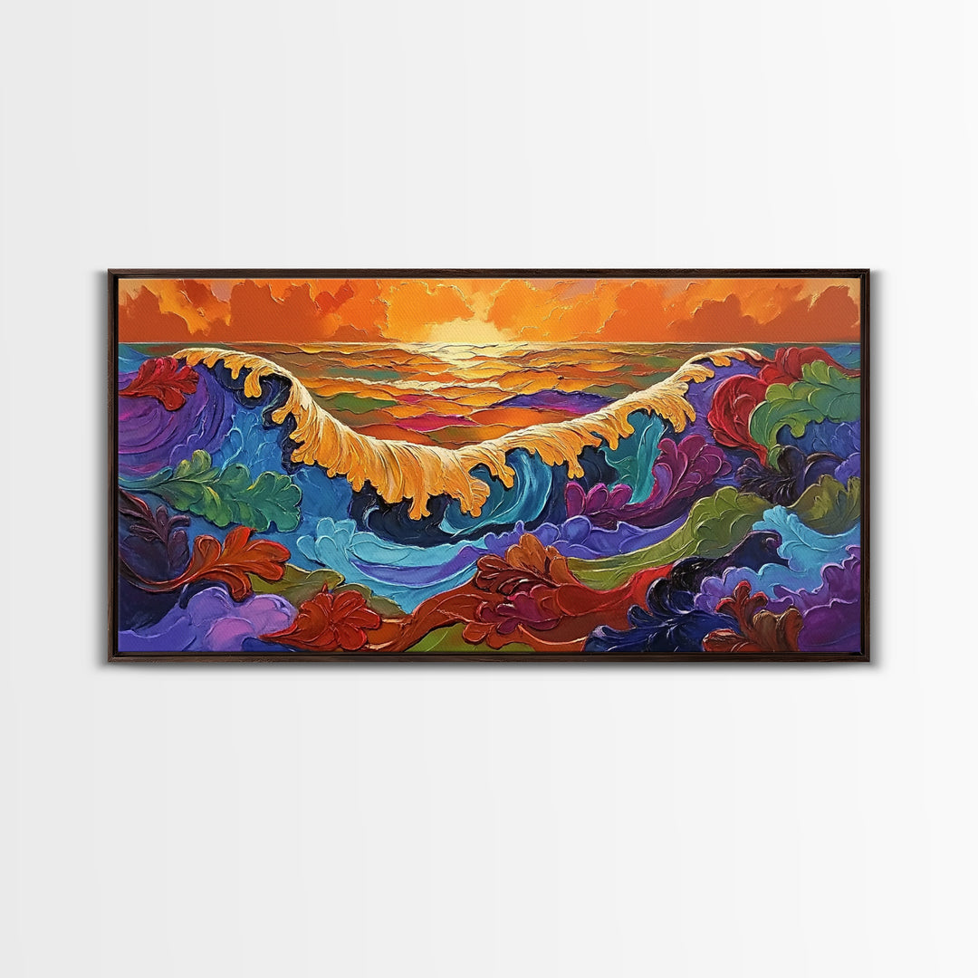 Ocean Abstract, Waves, Sunset, Framed Canvas Print, Surreal Coastal Art, Living Room Wall Decor, Fantasy Seascape, Boho Expressionist