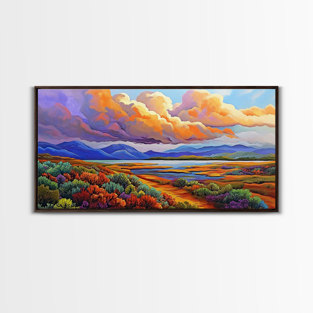 Autumn Mountains, Path, Landscape, Framed Canvas Print, serene autumn mountain scene with vibrant clouds, colorful field trail art