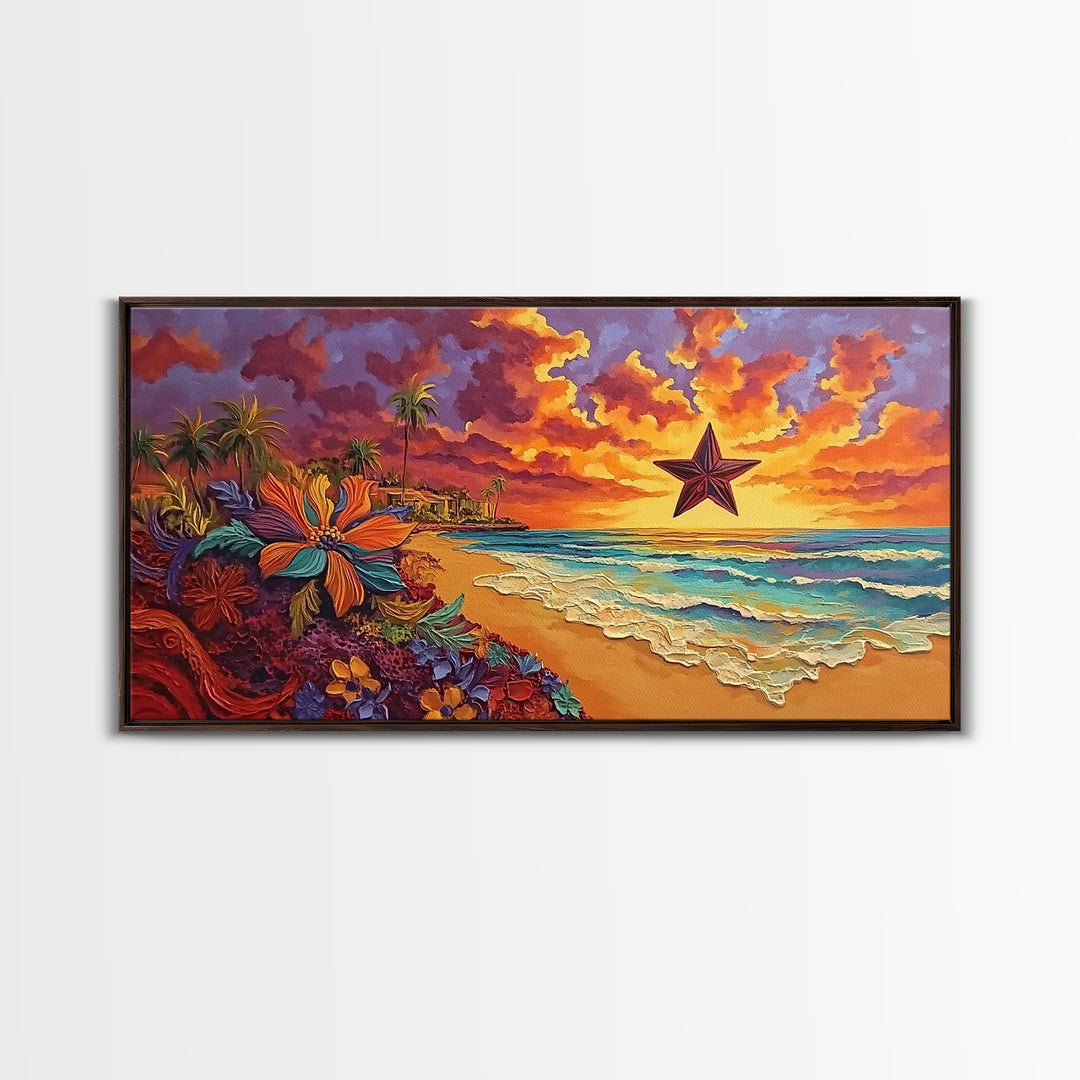 Beach Star, Flower, Sunset, Framed Canvas Print, beach sunset art with star, bold tropical flowers, palm trees, vivid sky, living room