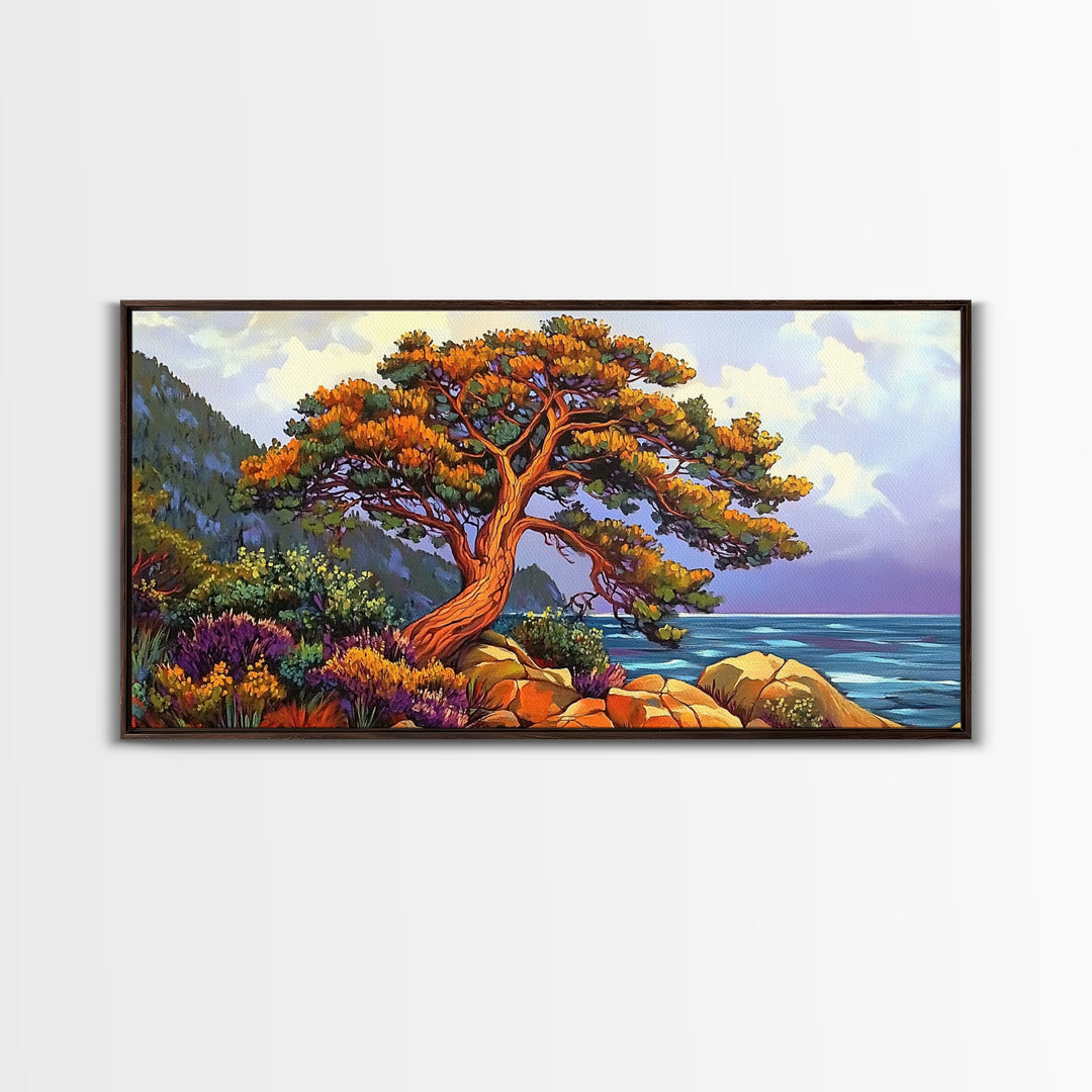 Coastal Tree, Sunset, Ocean, Vibrant tree coastal scene, Canvas Print, Fall Decor, Nature Art, Living Room Wall Art, Earthy Tones