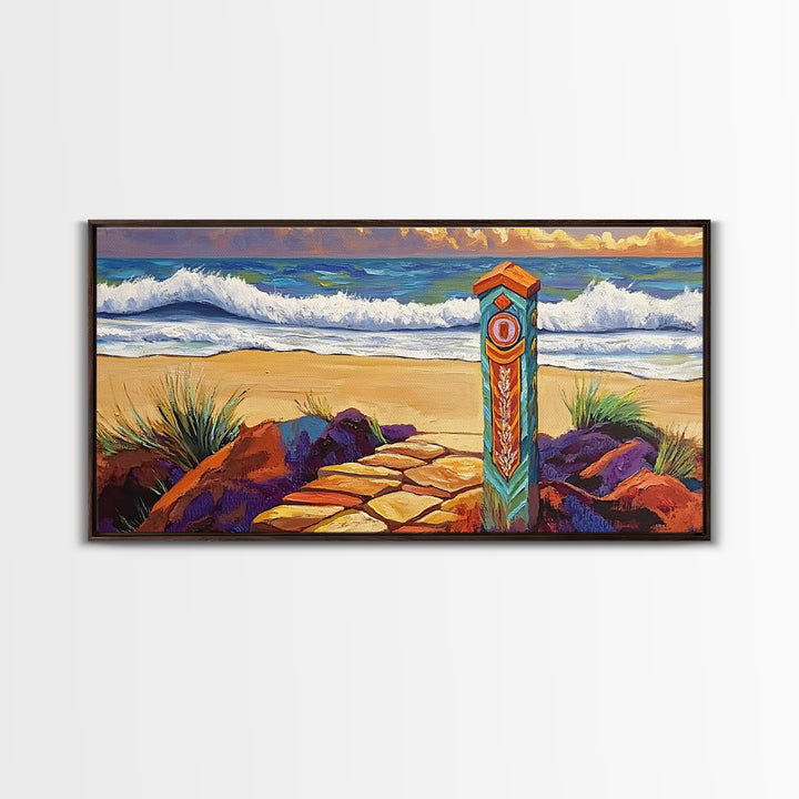Beach Path, Waves, Nature, Ocean path with pillar, Framed Canvas Print, Coastal Decor, Vibrant Wall Art, Bathroom or Hallway Art