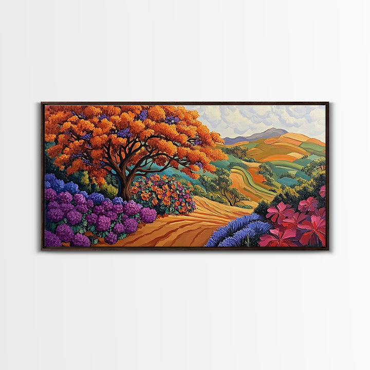 Tree Autumn, Hillside, Fields, Autumn hillside landscape, Framed Canvas Print, Fall Decor, Nature Inspired Wall Art, Living Room Art