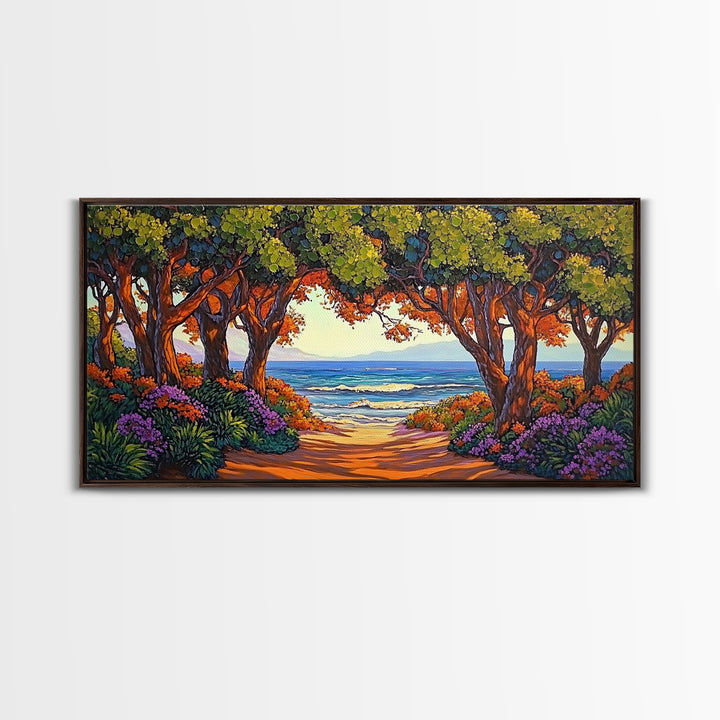 Beach Trees, Tunnel, Ocean, Sunset beach tunnel view, Framed Canvas Print, Coastal Boho Decor, Romantic Seaside Wall Art