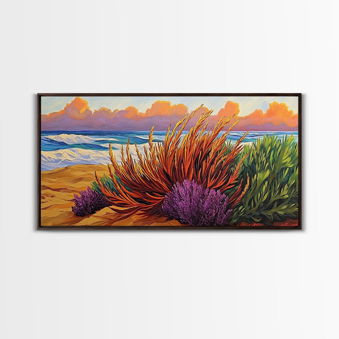 Beach, Sunset, Grasses, Coastal, Canvas Print, Tropical coastal wall art, desert beach boho art, modern bathroom art, hallway decor