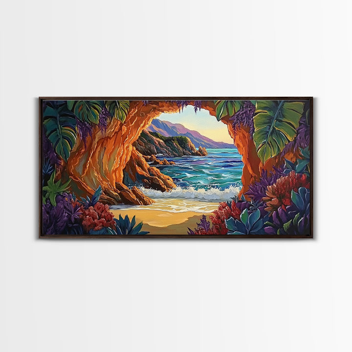 Cave, Beach, Jungle, Ocean, Canvas Print, Coastal jungle scene, tropical beach view, living room or entryway boho wall decor