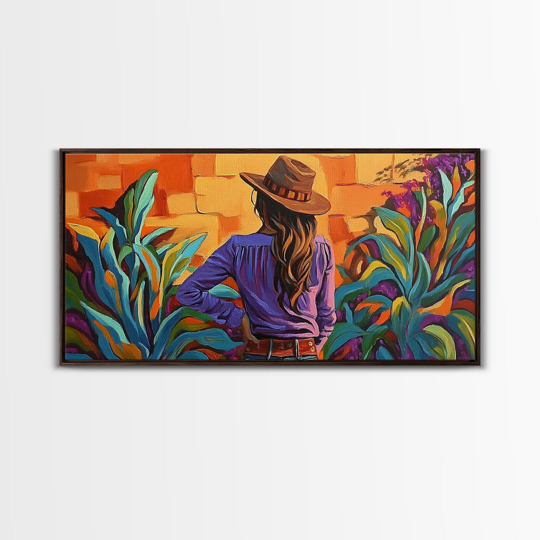 Cowgirl Desert, Vibes, Art, Framed Canvas Print, Western woman cactus wall art, rustic country home decor, southwestern living room