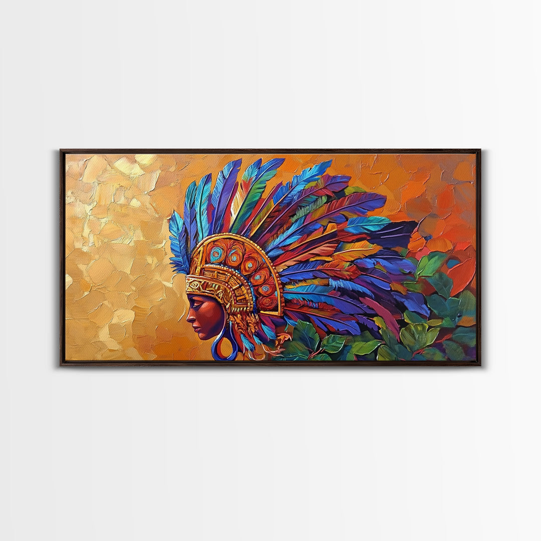Aztec Warrior, Headpiece, Art, Framed Canvas Print, Indigenous feather headdress wall decor, bold bohemian accent, office statement