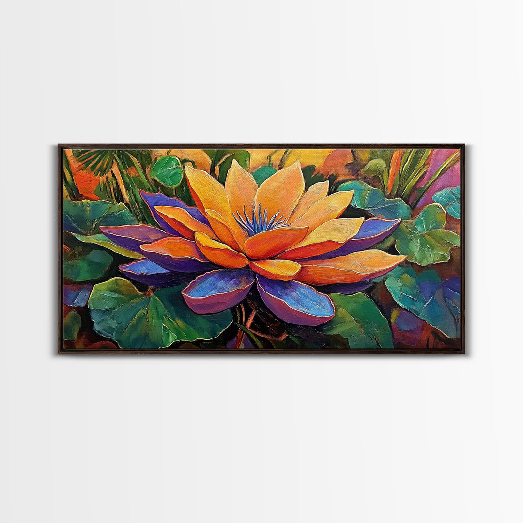 Lotus Bloom, Garden, Art, Framed Canvas Print, Vibrant lotus flower artwork, zen boho decor, meditation room or bathroom wall art