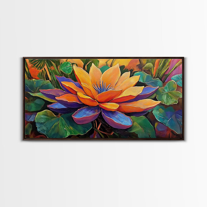 Lotus Bloom, Garden, Art, Framed Canvas Print, Vibrant lotus flower artwork, zen boho decor, meditation room or bathroom wall art