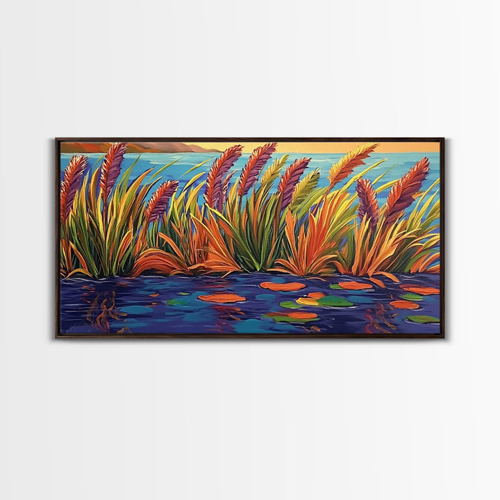 Autumn Lakeside, Grasses, Art, Framed Canvas Print, Fall coastal reed painting, rustic harvest decor, nature print, living room wall
