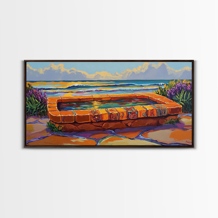 Ocean Terrace, Bath, Scene, Framed Canvas Print Mexican tile spa ocean view, tropical coastal wall art, vibrant bathroom or garden print