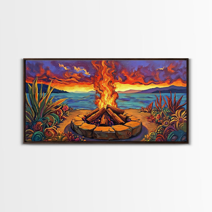 Campfire Desert, Sunset, Fiery Skies, bold landscape Canvas Print, autumn outdoor art, cozy rustic living room wall décor