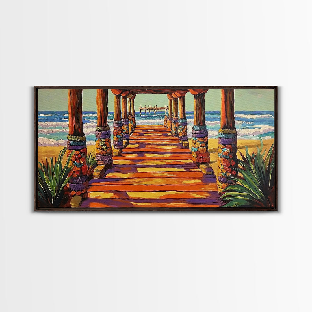 Pier Beach, Sunset, Vibrant, Canvas Print tropical coastal wall art, beach hallway decor, ocean waves painting, summer home artwork