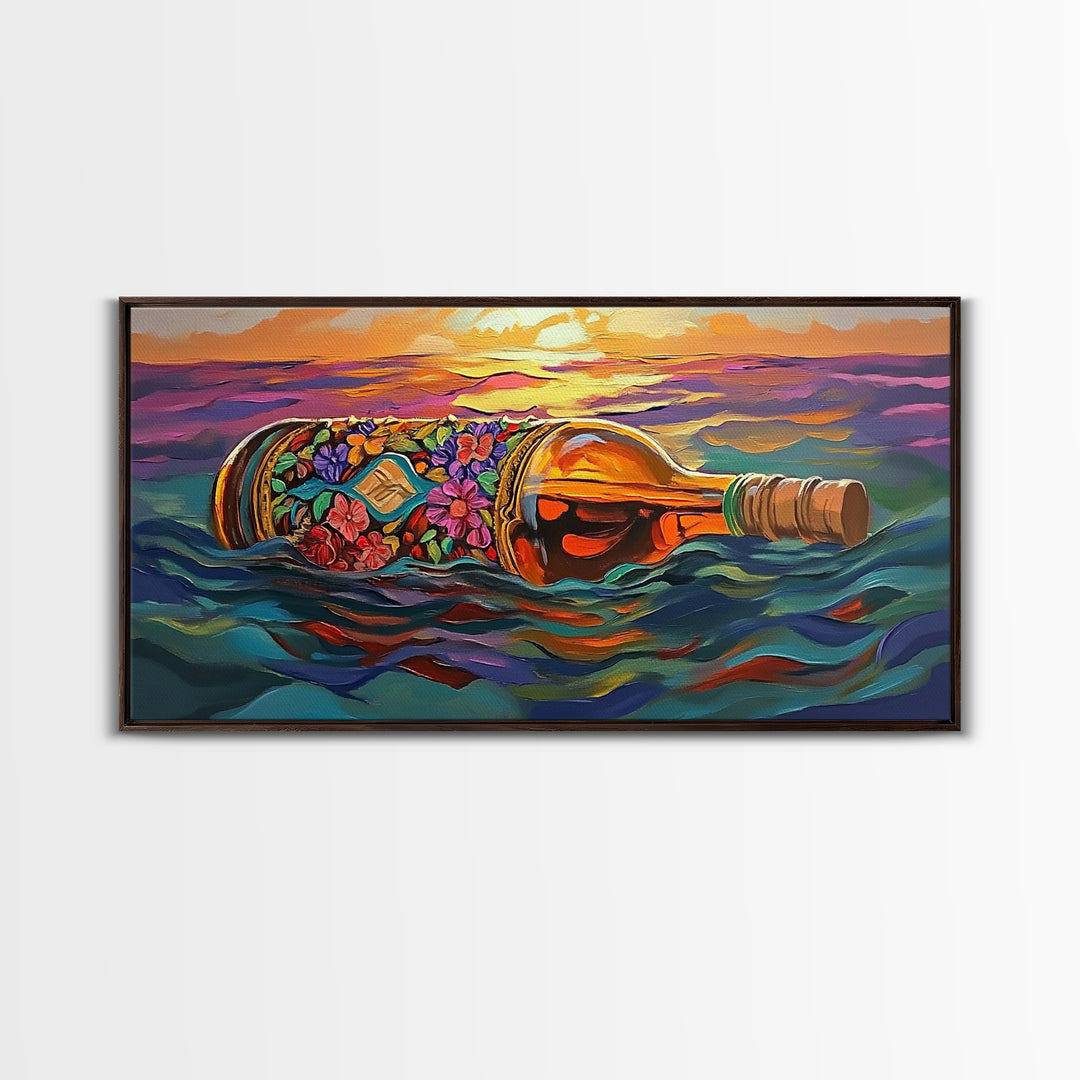 Bottle Ocean, Sunset, Flowers, Framed Canvas Print tropical beach bathroom decor, coastal boho wall art, floral message bottle painting