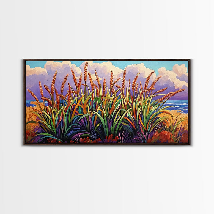 Wheat Grasses, Coastal, Sunrise, Canvas Print rustic boho kitchen wall art, country field beach decor, nature inspired autumn artwork
