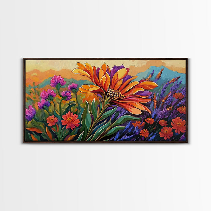 Flower Sunrise, Field, Vibrant, Canvas Print boho floral bedroom wall art, wildflower sunrise nature decor, garden field artwork
