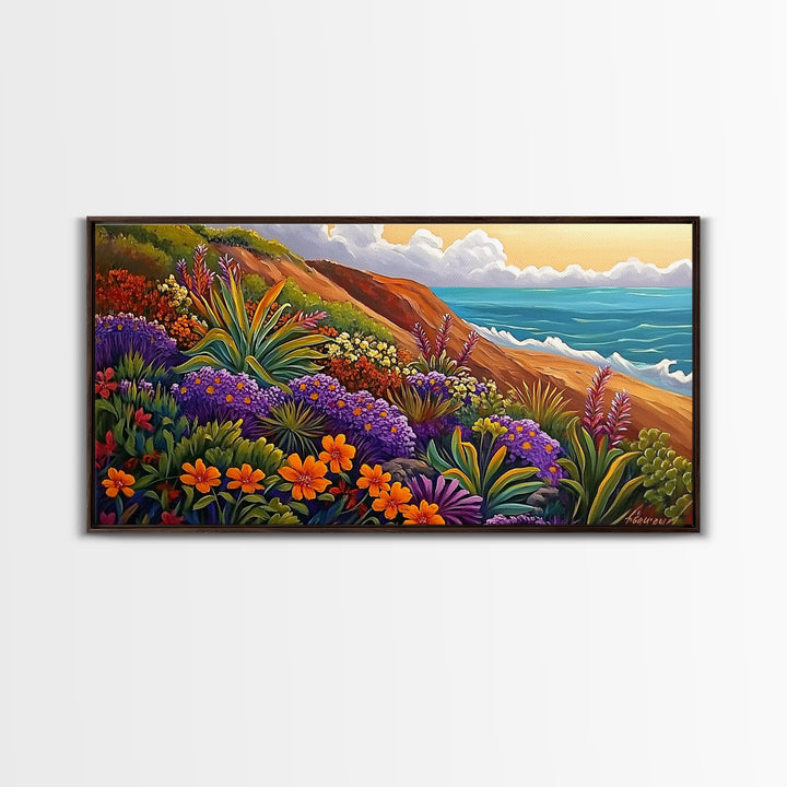 Coastal Floral, Landscape Painting, Canvas Print, vibrant beach flowers, ocean view wall decor, boho style Living Room Wall Art