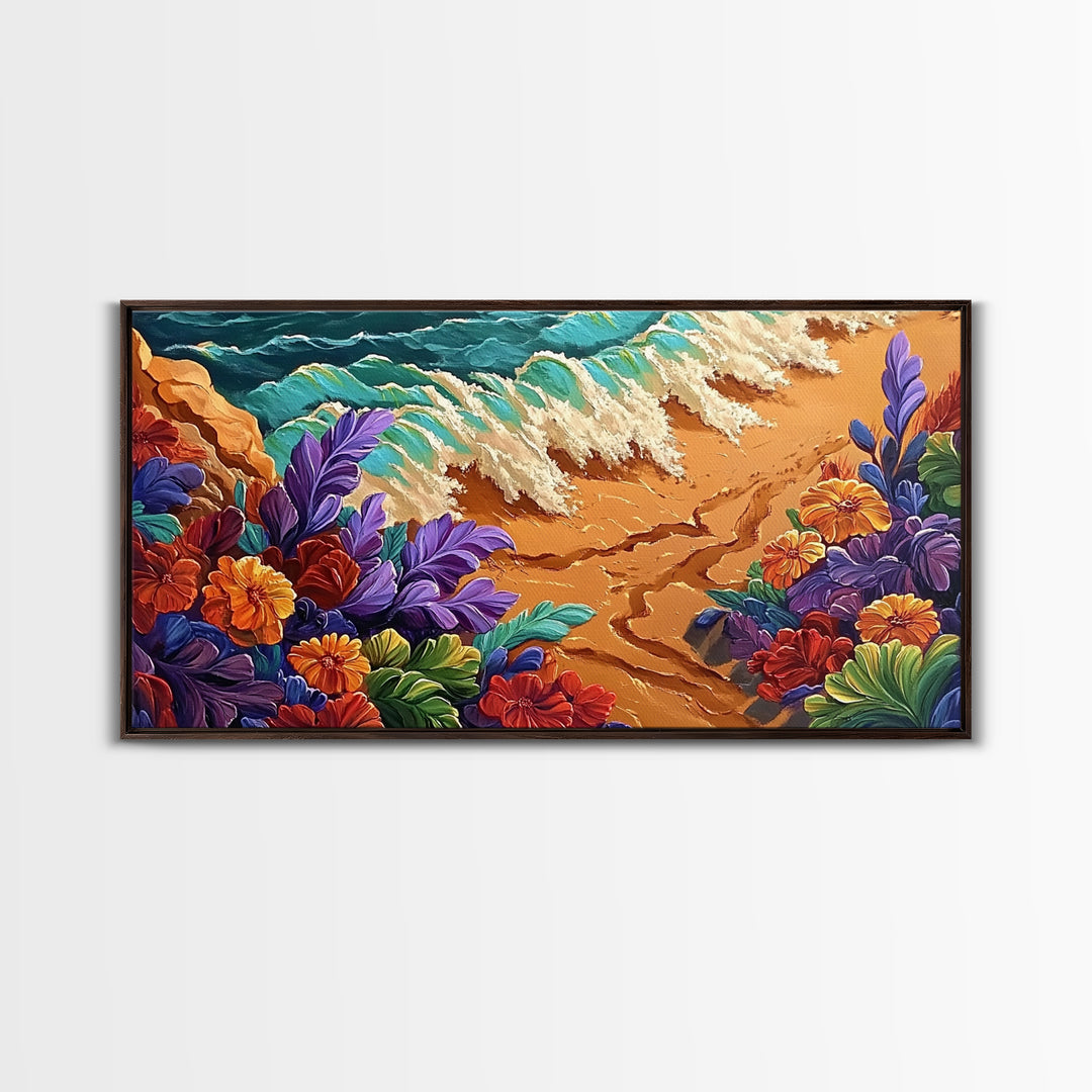 Tropical, Flower, Wave Art, Framed Canvas Print, coastal floral seascape painting, vibrant Summer Decor, Bathroom Wall Art, boho art