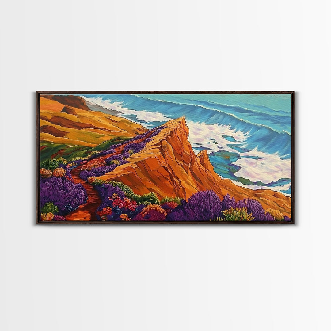 Cliff Flowers, Ocean Horizon, Framed Canvas Print, bold floral bluff, coastline scene, vibrant scenic Kitchen Wall Art, boho decor